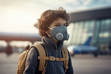 Little Boy Traveling at Airport with Face Mask - Generative AI - obrazy, fototapety, plakaty
