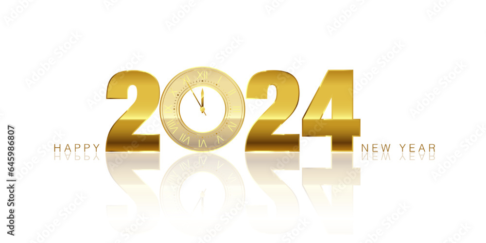 Poster happy new year and merry christmas. golden text 2024 with clock countdown instead zero and reflectio