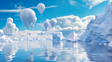 Whimsical polar landscapes with balloons tethered to icebergs - obrazy, fototapety, plakaty