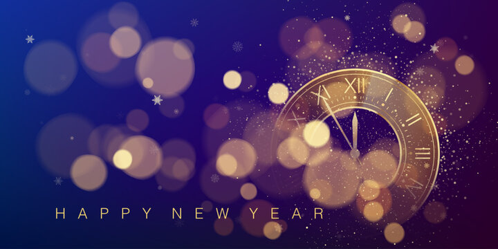 New Year Countdown Clock On Glittering Midnight Sky With Blur And Bokeh. Purple And Dark Blue Abstract Holiday Background. New Years Eve Concept. December Midnight. Vector