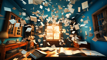 Papers flying off desks at high speeds - obrazy, fototapety, plakaty