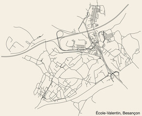 Detailed hand-drawn navigational urban street roads map of the ÉCOLE-VALENTIN COMMUNE of the French city of BESANCON, France with vivid road lines and name tag on solid background