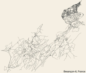 Detailed hand-drawn navigational urban street roads map of the BESANCON-6 CANTON of the French city of BESANCON, France with vivid road lines and name tag on solid background