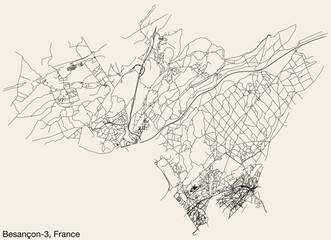 Fototapeta premium Detailed hand-drawn navigational urban street roads map of the BESANCON-3 CANTON of the French city of BESANCON, France with vivid road lines and name tag on solid background
