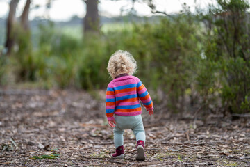 toddler hiking in the forest on a path