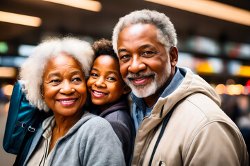 Fototapeta premium Portrait of happy laughing elderly couple tourists at the departure hall of a modern airport. Active age and Travel concept