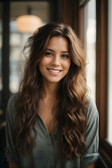 Positive Portrait of young woman smiling by the window. Image created using artificial intelligence.