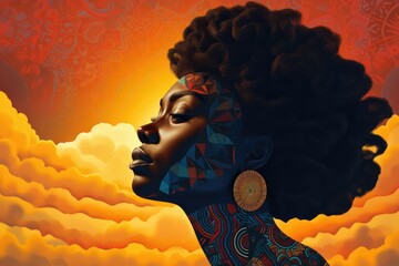 Abstract surreal portrait stylized portrait of a beautiful black woman. pattern on her face, concept art. Generative ai	