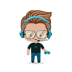 A cute chibi character gamer boy with glasses, headphones, and joystick