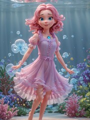 3D anime little beautiful princess in under the ocean wearing pink color dress.
