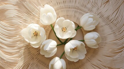 Obraz na płótnie Canvas A serene display of white tulips paired with woven rattan circles on a tan-colored cloth. Floral elegance. Wedding card with copy space. 
