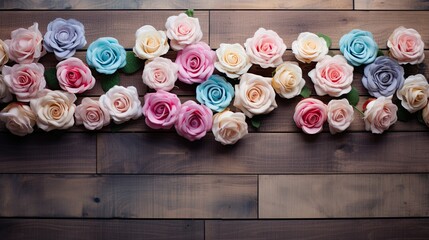An array of pastel-colored roses intertwined with macramé patterns placed on a rustic wooden backdrop. Floral background with copy space for text or promotional branding. 