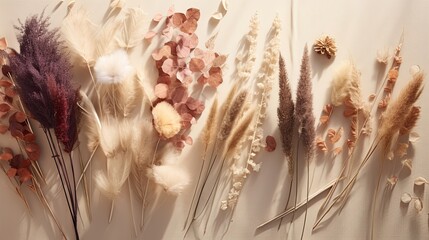 An assortment of dried flowers and pampas grass creating a gradient on a neutral-toned fabric. Card with copy space. 