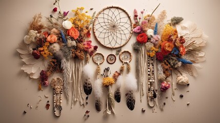Boho-inspired arrangement of wildflowers, feathers, and dreamcatchers on a beige background.