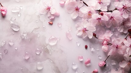 Scattered petals of pink cherry blossoms accompanied by crystal clusters on a marble surface. Spa voucher. Delicate floral card with copy space. 