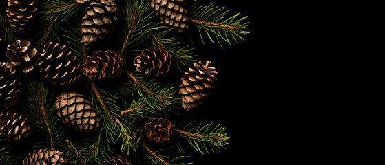 Fototapeta premium Christmas Mockup banner with fir, conifer branches, cones, decorations on black textured background. Top view. Flat lay. New Year Holidays background. Generative ai