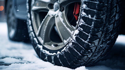 Closeup image of winter car tire. Extreme weather conditions