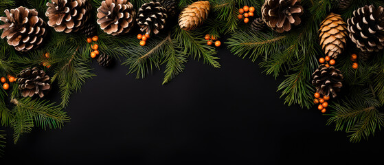 Fototapeta premium Christmas Mockup banner with fir, conifer branches, cones, decorations on black textured background. Top view. Flat lay. New Year Holidays background. Generative ai