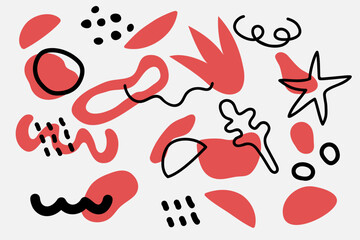 A set of abstract bright red and black shapes of different sizes and shapes. Modern and trendy Background. Scribble. Isolated. Curvature and angularity. Vector stock illustration.