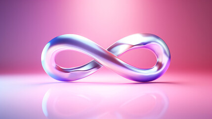 Iridescent infinity sign isolated on pink background.