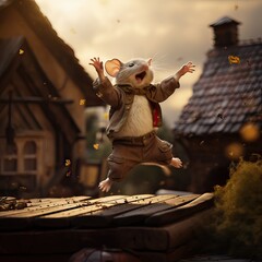 Obraz premium A delightful illustration of a cheerful mouse dancing and jumping on a rooftop, capturing the essence of joy, freedom, and whimsicality. Generative AI