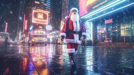 Colorful, cyberpunk, festive, holiday scene with Santa Claus walking in the neon illuminated city at night. New Years Eve idea. Christmas concept. Xmas greeting or gift card.