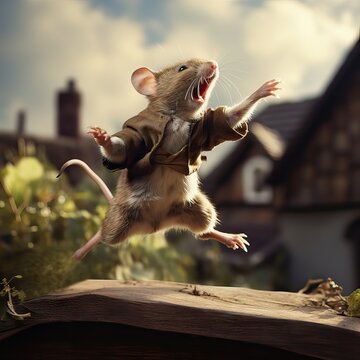 A delightful illustration of a cheerful mouse dancing and jumping on a rooftop, capturing the essence of joy, freedom, and whimsicality. Generative AI