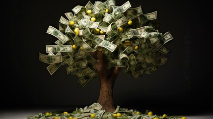 An eye-catching illustration of a tree growing money bills as leaves, symbolizing wealth, prosperity, and financial growth. Generative AI