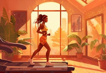 woman fitness training health female boho run exercise sport style treadmill fit. Generative AI.