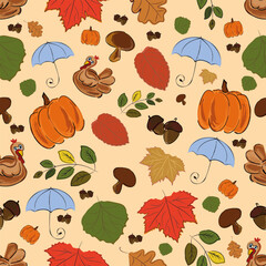 Autumn, Seamless pattern, Vector, Leaves in autumn colors, chicken, acorns, pumpkin, mushrooms, autumn background, print