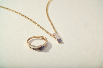 Elegant jewelry set. Jewellery set with gemstones. Jewelry accessories collage. Product still life...