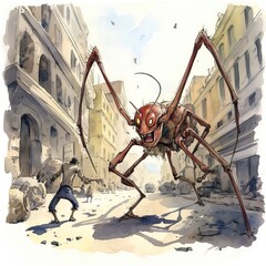 A startling illustration depicting people being attacked by giant ants on a city street. The image captures the horror and chaos unleashed by the enormous insects, generative ai