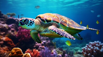 Obraz premium Underwater sea with sea turn turtle shell photography image Ai generated art