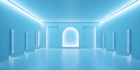 A blue liminal space. minimal architecture. Blue museum interior