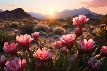 pink desert flowers blooming in a desert landscape