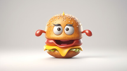 Burger character with tongue out isolated on orange background. 3d illustration generative ai
