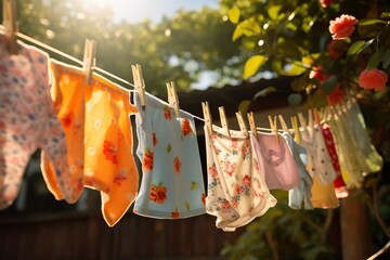 Colorful baby clothes hang on a clothesline outside in the garden in the sun after washing. - obrazy, fototapety, plakaty