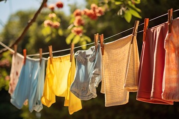 Colorful baby clothes hang on a clothesline outside in the garden in the sun after washing.