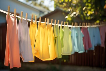 Colorful baby clothes hang on a clothesline outside in the garden in the sun after washing.