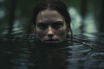 A mysterious woman with only her eyes above the water. Great for stories about mermaids, horror, crime, witches, eerie, evil and more.
