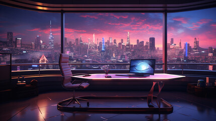 modern minimalistic office interior city in the background, lights and clouds with sunset view