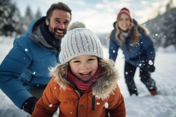 Familie tobt im Schnee und hat Spaß, Vater, Mutter und Kind im Winter draußen