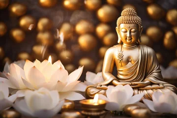 Deurstickers glowing Lotus flowers and gold buddha statue © ORG