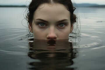 A mysterious woman with only her eyes above the water. Great for stories about mermaids, horror, crime, witches, eerie, evil and more.