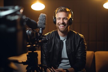 Male influencers or content creators record podcasts or YouTube videos speaking on camera. - obrazy, fototapety, plakaty
