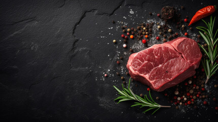 Raw beef steak with spices and herbs on black background, top view generative ai - obrazy, fototapety, plakaty
