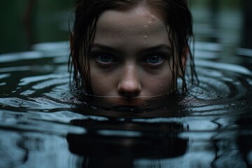 A mysterious woman with only her eyes above the water. Great for stories about mermaids, horror, crime, witches, eerie, evil and more.