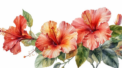 Watercolor painting of hibiscus flowers on white background. generative ai