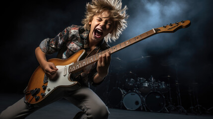 Obraz premium Teenage boy playing guitar on dark background