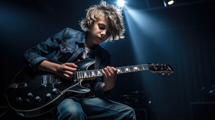 Obraz na płótnie Canvas Teenage boy playing guitar on dark background